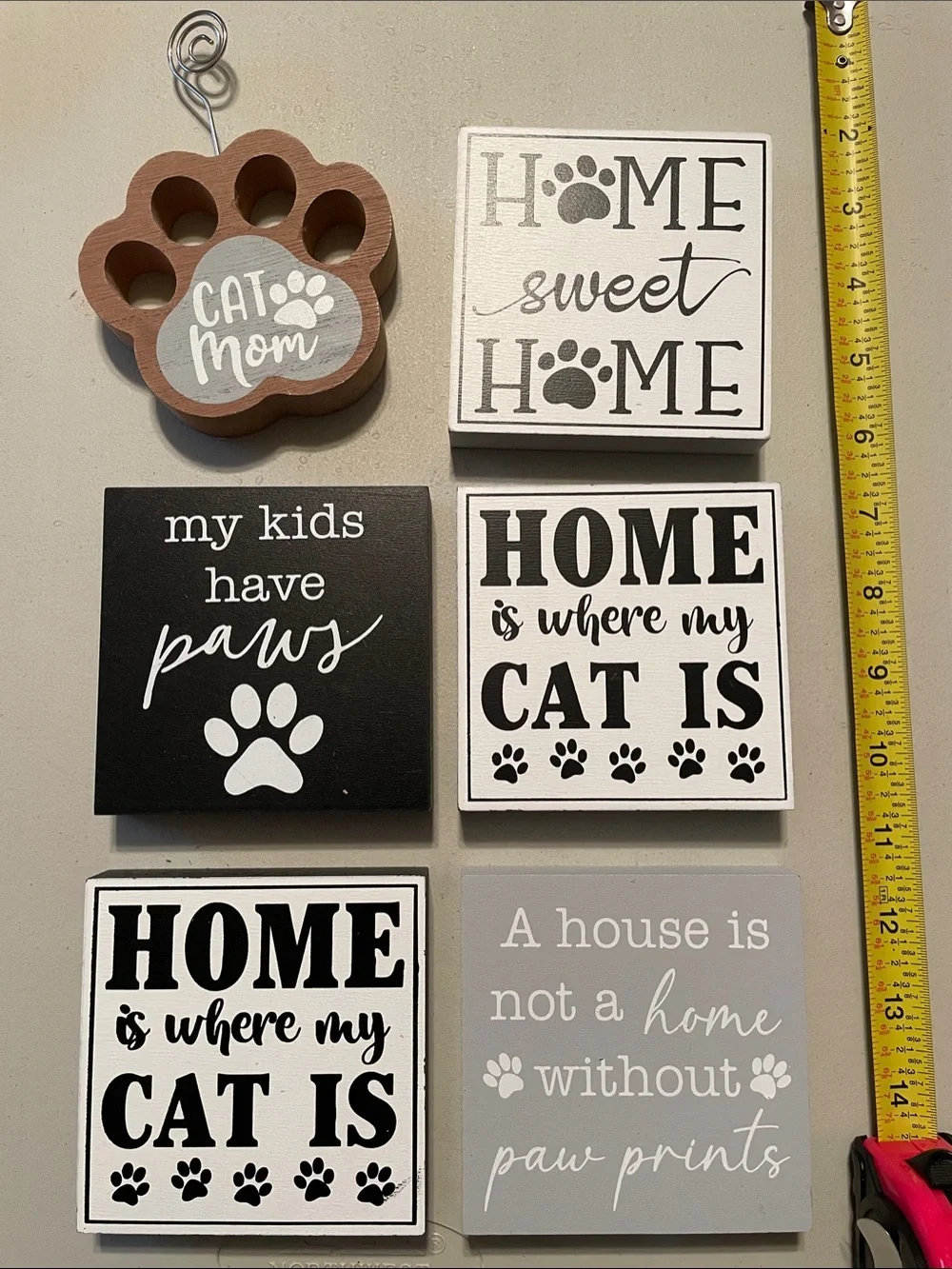 Cat-Themed Wall Sign Set - Black, White, Gray - Decorative Paw Prints 6pc New